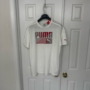 Puma Men's White Tee with Red and Gray Logo